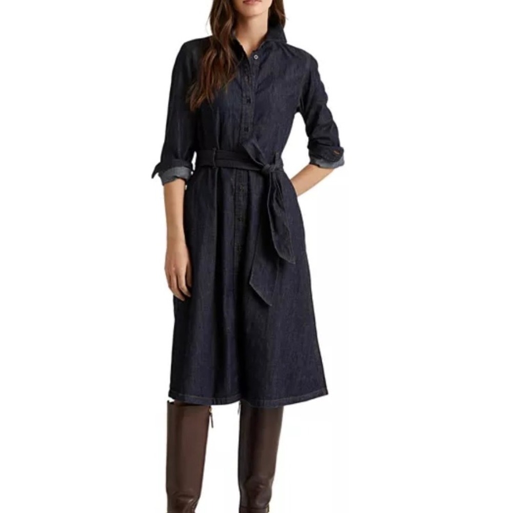 Lauren Ralph Lauren PreppyShirt Dress Dark Wash Belted Quiet Luxury Size 2 NEW